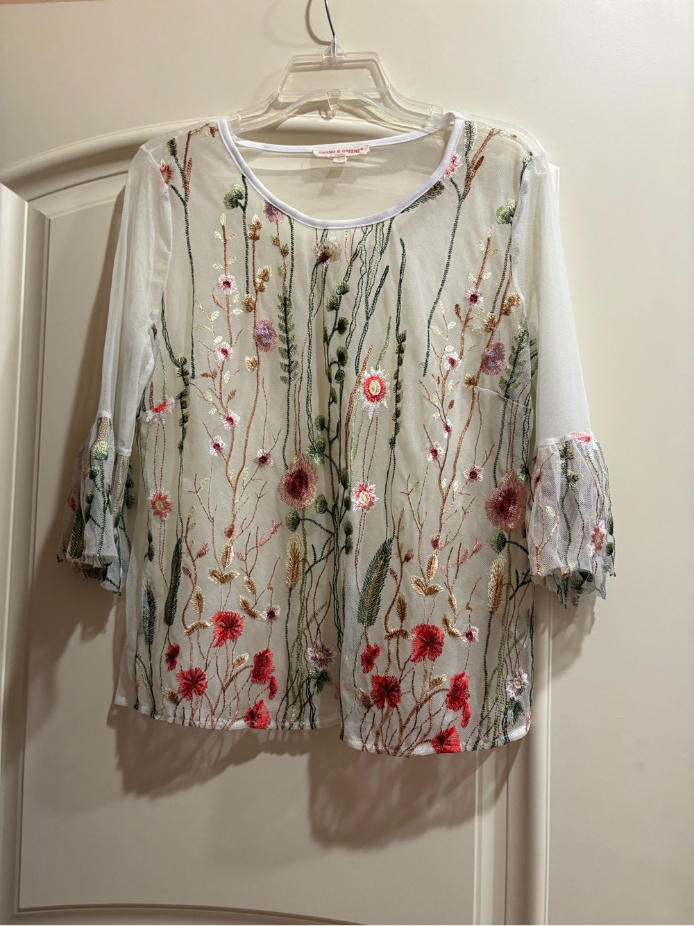 grand & greene White Floral Embroidered Sheer Blouse